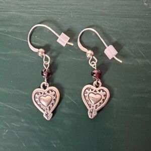 Silpada Sterling Silver Heart Dangle Earrings Purple Garnet Bead 925 Retired